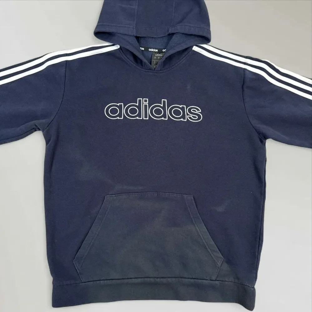 Adidas Mens Hooded Sweatshirt Blue Pullover Hoodie 3 Stripe Size Med